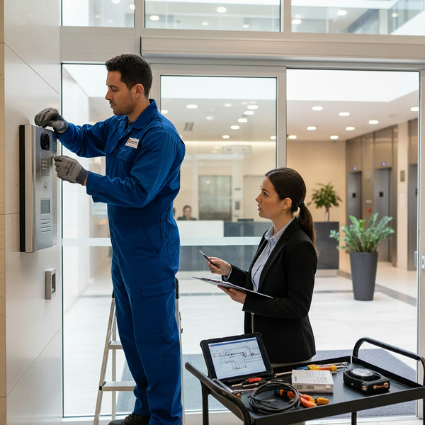Building access control assessment including intercom and security camera evaluation