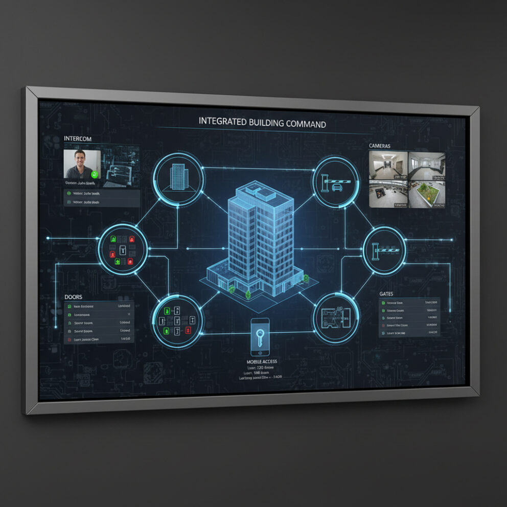 Integrated building access control system connecting intercoms, cameras, and entry points