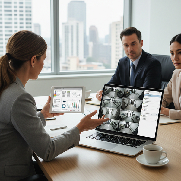 Property manager reviewing remote access control and security monitoring systems