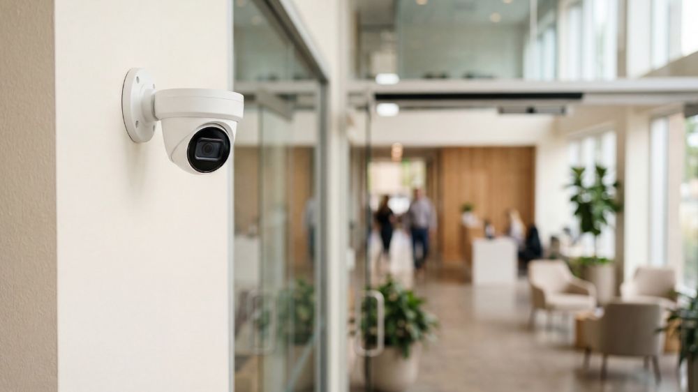 Security camera monitoring the entrance of a modern condominium building
